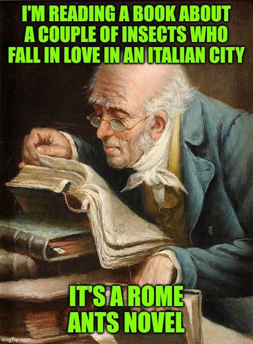 old guy reading a book | I'M READING A BOOK ABOUT A COUPLE OF INSECTS WHO FALL IN LOVE IN AN ITALIAN CITY; IT'S A ROME ANTS NOVEL | image tagged in old guy reading a book | made w/ Imgflip meme maker