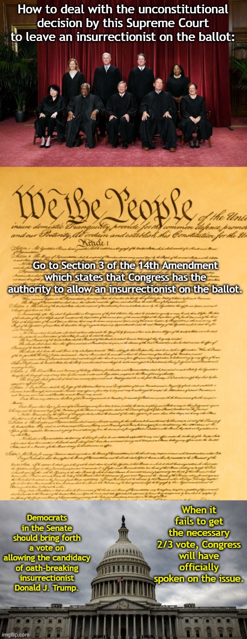 End the nonsense | How to deal with the unconstitutional decision by this Supreme Court to leave an insurrectionist on the ballot:; Go to Section 3 of the 14th Amendment which states that Congress has the authority to allow an insurrectionist on the ballot. When it fails to get the necessary 2/3 vote, Congress will have officially spoken on the issue. Democrats in the Senate should bring forth a vote on allowing the candidacy of oath-breaking insurrectionist Donald J. Trump. | image tagged in supreme court 2023,constitution | made w/ Imgflip meme maker