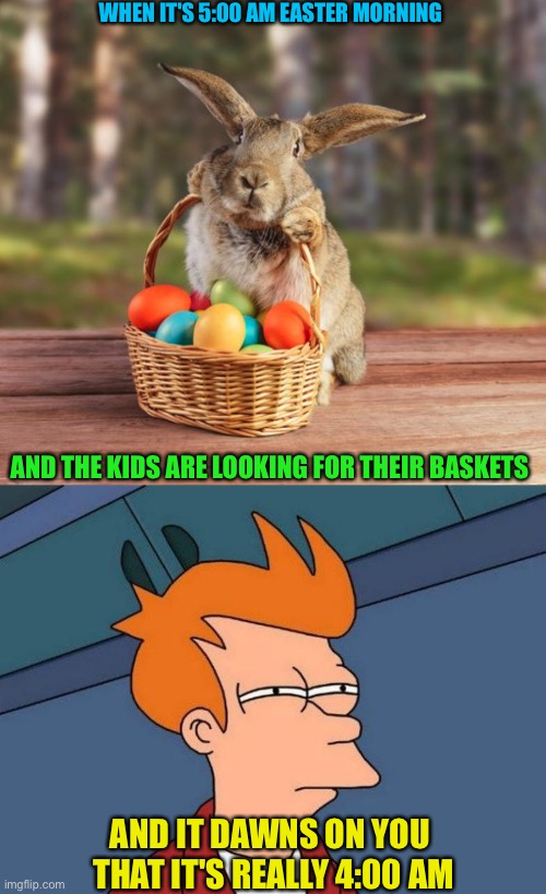 Damn daylight saving time | WHEN IT'S 5:00 AM EASTER MORNING; AND THE KIDS ARE LOOKING FOR THEIR BASKETS; AND IT DAWNS ON YOU 
THAT IT'S REALLY 4:00 AM | image tagged in not sure if- fry | made w/ Imgflip meme maker