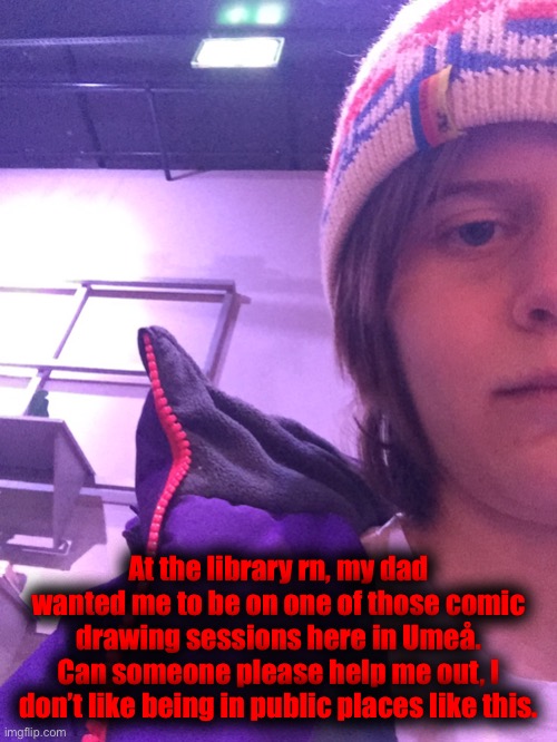 There’s over nine other people around me rn | At the library rn, my dad wanted me to be on one of those comic drawing sessions here in Umeå.
Can someone please help me out, I don’t like being in public places like this. | made w/ Imgflip meme maker