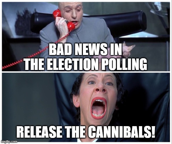 Dr Evil and Frau Yelling | BAD NEWS IN THE ELECTION POLLING; RELEASE THE CANNIBALS! | image tagged in dr evil and frau yelling | made w/ Imgflip meme maker