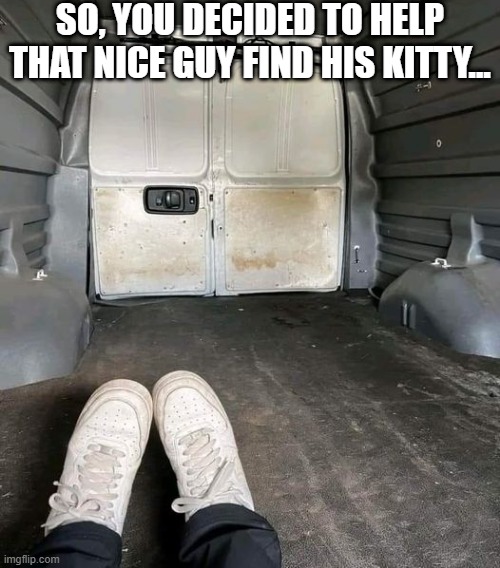 Back of the Van | SO, YOU DECIDED TO HELP THAT NICE GUY FIND HIS KITTY... | image tagged in dark humor | made w/ Imgflip meme maker