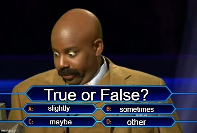 yesn't | True or False? slightly; sometimes; other; maybe | image tagged in who wants to be a millionaire | made w/ Imgflip meme maker