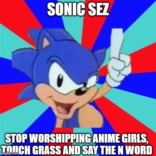 listen to Sonic, folks. He knows more. | SONIC SEZ; STOP WORSHIPPING ANIME GIRLS,
TOUCH GRASS AND SAY THE N WORD | image tagged in sonic sez,sonic the hedgehog,sega,pingas,anime,touch grass | made w/ Imgflip meme maker