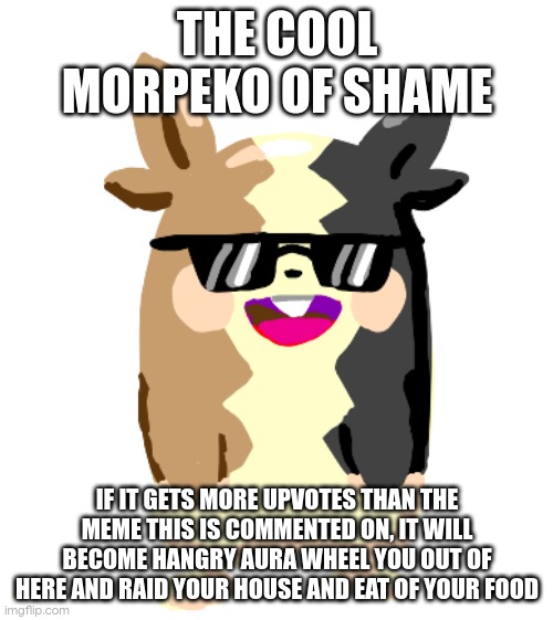 cool morpeko | THE COOL MORPEKO OF SHAME IF IT GETS MORE UPVOTES THAN THE MEME THIS IS COMMENTED ON, IT WILL BECOME HANGRY AURA WHEEL YOU OUT OF HERE AND R | image tagged in cool morpeko | made w/ Imgflip meme maker