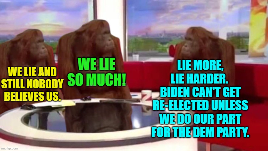 Refreshingly honest, eh? | LIE MORE, LIE HARDER.  BIDEN CAN'T GET RE-ELECTED UNLESS WE DO OUR PART FOR THE DEM PARTY. WE LIE SO MUCH! WE LIE AND STILL NOBODY BELIEVES US. | image tagged in orangutan interview | made w/ Imgflip meme maker