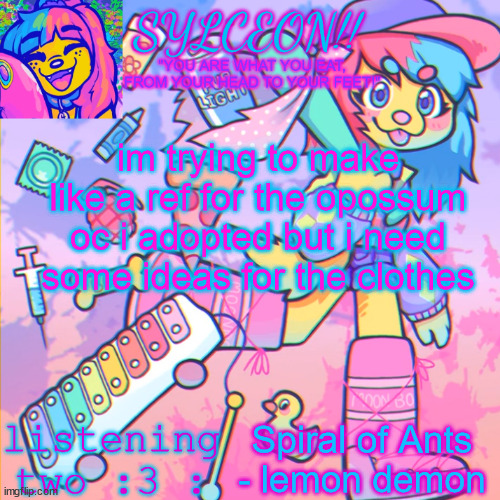 THIS IS SYLCEON SPEAKJIN AND UR LISTENIN 2 4LUNG!! | im trying to make like a ref for the opossum oc i adopted but i need some ideas for the clothes; Spiral of Ants - lemon demon | image tagged in this is sylceon speakjin and ur listenin 2 4lung | made w/ Imgflip meme maker