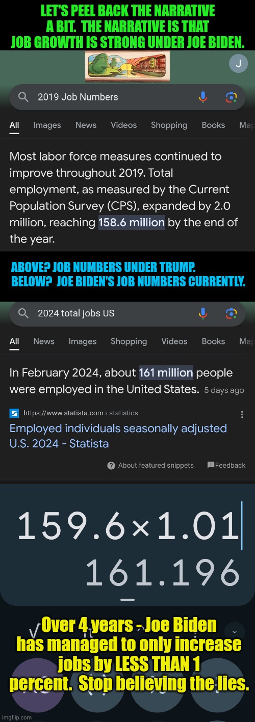 Joe Biden is once again lying about stuff and getting main stream media to do it too | LET'S PEEL BACK THE NARRATIVE A BIT.  THE NARRATIVE IS THAT JOB GROWTH IS STRONG UNDER JOE BIDEN. ABOVE? JOB NUMBERS UNDER TRUMP.
BELOW?  JOE BIDEN'S JOB NUMBERS CURRENTLY. Over 4 years - Joe Biden has managed to only increase jobs by LESS THAN 1 percent.  Stop believing the lies. | image tagged in jobs,employment,sad joe biden,liar | made w/ Imgflip meme maker