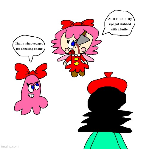 Ribbon gets stabbed in the eye by Adeleine and ChuChu | image tagged in kirby,parody,artwork,funny,gore,fanart | made w/ Imgflip meme maker