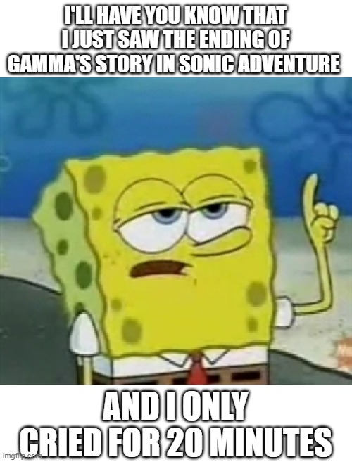 upvote if this genuinely made you sad | I'LL HAVE YOU KNOW THAT I JUST SAW THE ENDING OF GAMMA'S STORY IN SONIC ADVENTURE; AND I ONLY CRIED FOR 20 MINUTES | image tagged in i only cries for 20 minutes | made w/ Imgflip meme maker