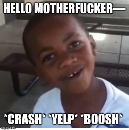 Hello Mother F | HELLO MOTHERFUCKER— *CRASH* *YELP* *BOOSH* | image tagged in hello mother f | made w/ Imgflip meme maker
