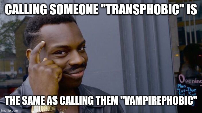 Roll Safe Think About It Meme | CALLING SOMEONE "TRANSPHOBIC" IS THE SAME AS CALLING THEM "VAMPIREPHOBIC" | image tagged in memes,roll safe think about it | made w/ Imgflip meme maker