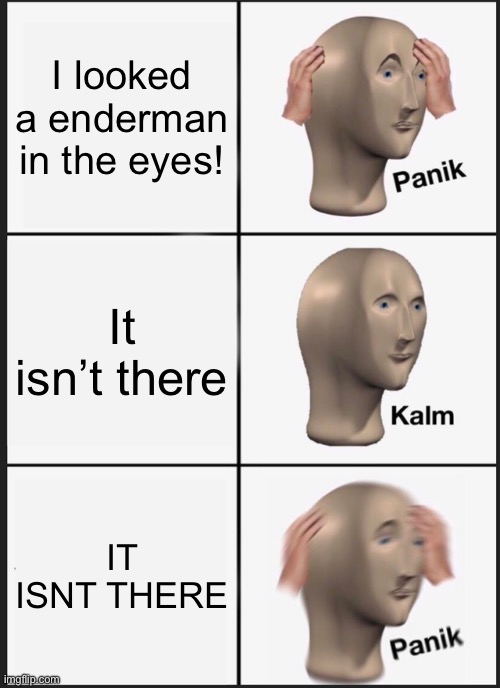 Panik meme | I looked a enderman in the eyes! It isn’t there; IT ISNT THERE | image tagged in memes,panik kalm panik | made w/ Imgflip meme maker