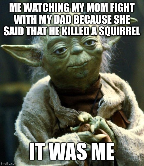 Star Wars Yoda Meme | ME WATCHING MY MOM FIGHT WITH MY DAD BECAUSE SHE SAID THAT HE KILLED A SQUIRREL; IT WAS ME | image tagged in memes,star wars yoda | made w/ Imgflip meme maker