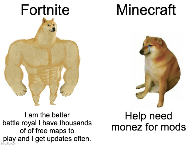 Buff Doge vs. Cheems | Fortnite; Minecraft; I am the better battle royal I have thousands of of free maps to play and I get updates often. Help need monez for mods | image tagged in memes,buff doge vs cheems | made w/ Imgflip meme maker