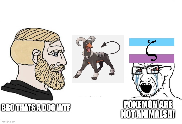 Pokephiles be like: | POKEMON ARE NOT ANIMALS!!! BRO THATS A DOG WTF | image tagged in chad vs yes soyboy,anti-pokephilia,zoophilia bad,wtf,touch grass | made w/ Imgflip meme maker