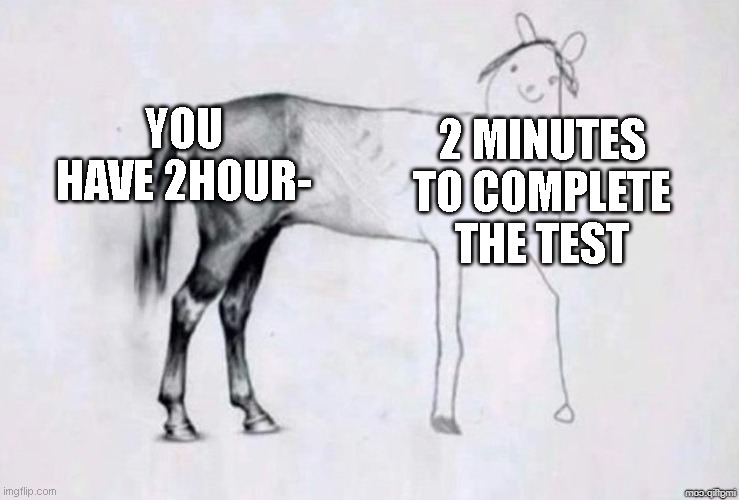 real | YOU HAVE 2HOUR-; 2 MINUTES TO COMPLETE THE TEST | image tagged in horse drawing | made w/ Imgflip meme maker
