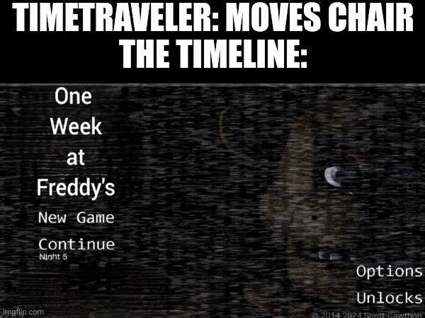 Wow | TIMETRAVELER: MOVES CHAIR
THE TIMELINE: | image tagged in fnaf | made w/ Imgflip meme maker