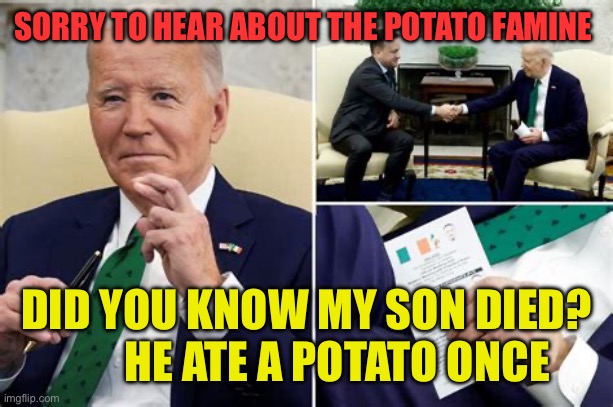 “Cue-less Joe” Biden | SORRY TO HEAR ABOUT THE POTATO FAMINE; DID YOU KNOW MY SON DIED?         HE ATE A POTATO ONCE | image tagged in biden cheat sheet,biden,democrats,dementia,incompetence | made w/ Imgflip meme maker
