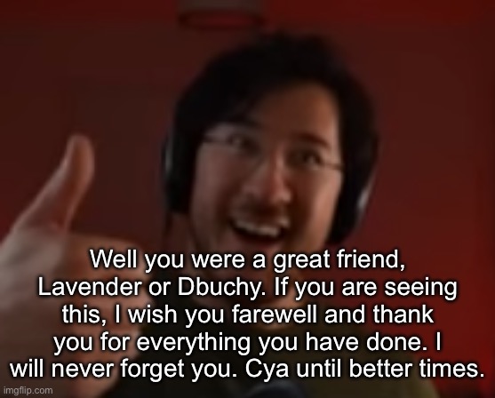 Thanks for everything | Well you were a great friend, Lavender or Dbuchy. If you are seeing this, I wish you farewell and thank you for everything you have done. I will never forget you. Cya until better times. | image tagged in markiplier thumbs up | made w/ Imgflip meme maker