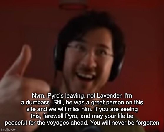 Markiplier thumbs up | Nvm, Pyro's leaving, not Lavender. I'm a dumbass. Still, he was a great person on this site and we will miss him. If you are seeing this, farewell Pyro, and may your life be peaceful for the voyages ahead. You will never be forgotten | image tagged in markiplier thumbs up | made w/ Imgflip meme maker