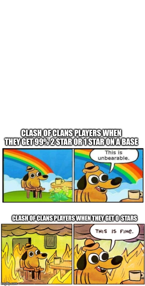 Facts | CLASH OF CLANS PLAYERS WHEN THEY GET 99% 2 STAR OR 1 STAR ON A BASE; CLASH OF CLANS PLAYERS WHEN THEY GET 0  STARS | image tagged in memes,blank transparent square,unbearable | made w/ Imgflip meme maker