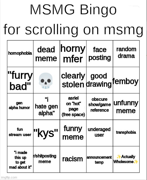 I made an MSMG bingo | for scrolling on msmg; MSMG Bingo; horny mfer; dead meme; random drama; homophobia; face posting; clearly stolen; "furry bad"; femboy; good drawing; 💀; obscure show/game reference; gen alpha humor; asriel on "hot" page (free space); unfunny meme; "i hate gen alpha"; fun stream user; "kys"; transphobia; underaged user; funny meme; ✨Actually Wholesome✨; r/shitposting meme; "i made this up to get mad about it"; racism; announcement temp | image tagged in blank bingo | made w/ Imgflip meme maker