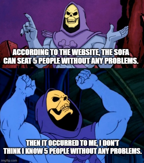 Skeletor talking about a sofa | ACCORDING TO THE WEBSITE, THE SOFA CAN SEAT 5 PEOPLE WITHOUT ANY PROBLEMS. THEN IT OCCURRED TO ME, I DON'T THINK I KNOW 5 PEOPLE WITHOUT ANY PROBLEMS. | image tagged in skeletor,skeletor talking about a sofa,sofa | made w/ Imgflip meme maker