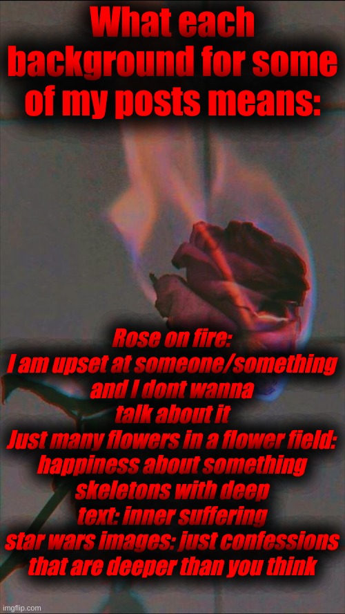 What each background for some of my posts means:; Rose on fire: I am upset at someone/something and I dont wanna talk about it
Just many flowers in a flower field: happiness about something
skeletons with deep text: inner suffering
star wars images: just confessions that are deeper than you think | made w/ Imgflip meme maker