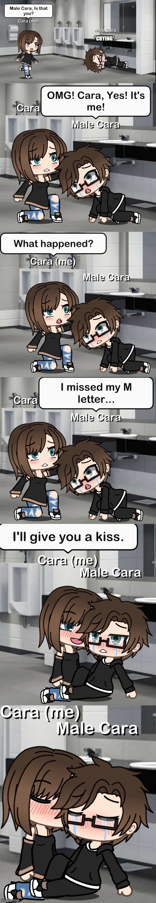 I heard someone crying in the boys bathroom and found out it was Male Cara missing his M letter. So I gave him a kiss. | *CRYING* | image tagged in pop up school 2,pus2,x is for x,male cara,cara,love | made w/ Imgflip meme maker
