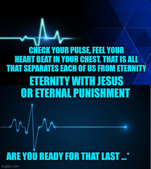 CHECK YOUR PULSE, FEEL YOUR HEART BEAT IN YOUR CHEST. THAT IS ALL THAT SEPARATES EACH OF US FROM ETERNITY; ETERNITY WITH JESUS OR ETERNAL PUNISHMENT; ARE YOU READY FOR THAT LAST ...* | image tagged in heart beat,heart line | made w/ Imgflip meme maker