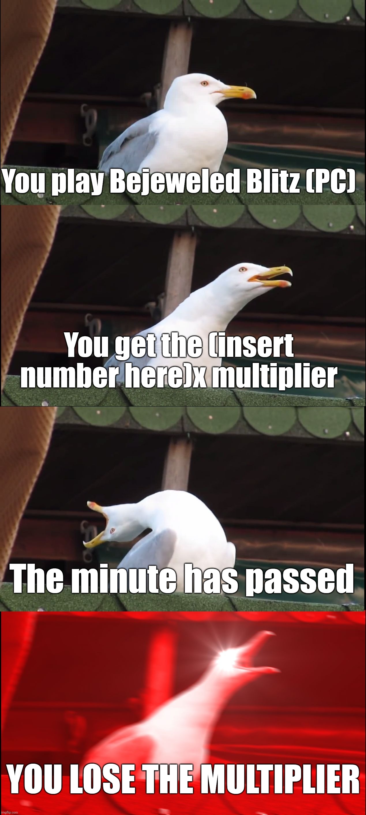 Inhaling Seagull | You play Bejeweled Blitz (PC); You get the (insert number here)x multiplier; The minute has passed; YOU LOSE THE MULTIPLIER | image tagged in memes,inhaling seagull | made w/ Imgflip meme maker