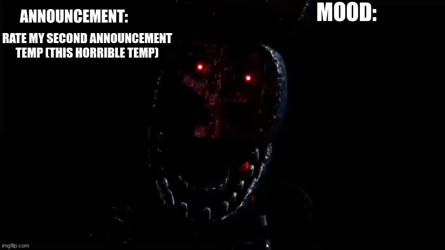 I give this a 1/10 | RATE MY SECOND ANNOUNCEMENT TEMP (THIS HORRIBLE TEMP) | image tagged in ignited_bonnie template v4 | made w/ Imgflip meme maker