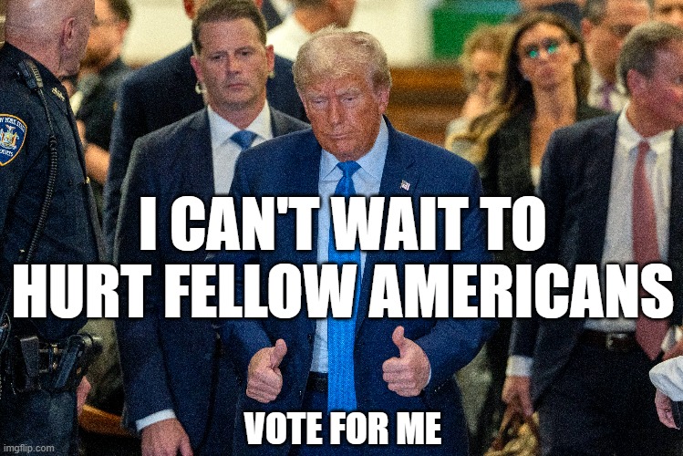 I CAN'T WAIT TO HURT FELLOW AMERICANS; VOTE FOR ME | image tagged in trump,hurt | made w/ Imgflip meme maker