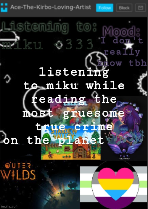 Examples: the hello kitty murder and the toolbox murderers | listening to miku while reading the most gruesome true crime on the planet 🎶🎶; I don't really know tbh; miku <333 | image tagged in if you see this i was too lazy to make a title | made w/ Imgflip meme maker