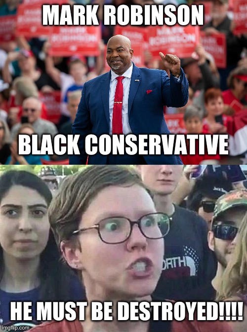 The liberal lynching party has already started. | MARK ROBINSON; BLACK CONSERVATIVE; HE MUST BE DESTROYED!!!! | image tagged in triggered liberal,politics,racism,liberal hypocrisy,conservative | made w/ Imgflip meme maker