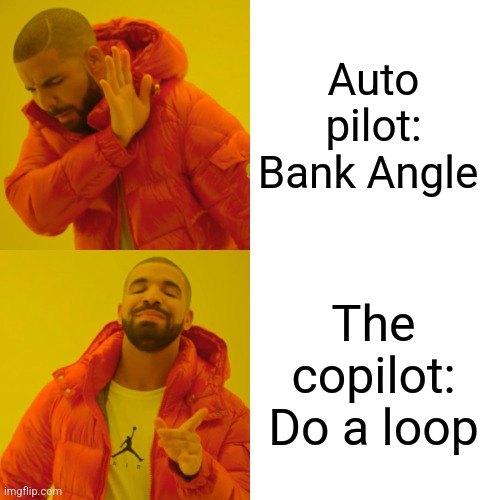 Do a loop | Auto pilot: Bank Angle; The copilot: Do a loop | image tagged in memes,drake hotline bling,airplanes,jpfan102504 | made w/ Imgflip meme maker