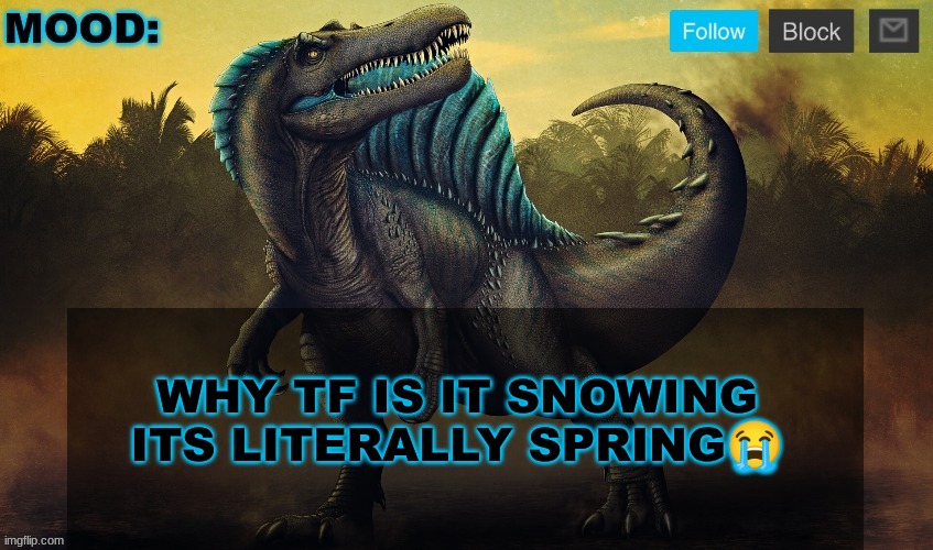 JPSpinoSaurus template 2024 v2 | WHY TF IS IT SNOWING ITS LITERALLY SPRING😭 | image tagged in jpspinosaurus template 2024 v2 | made w/ Imgflip meme maker
