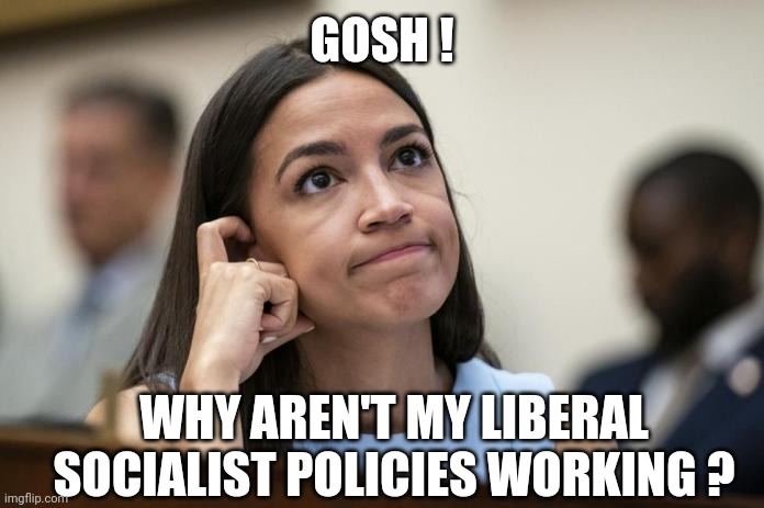 aoc Scratches her empty head | GOSH ! WHY AREN'T MY LIBERAL SOCIALIST POLICIES WORKING ? | image tagged in aoc scratches her empty head | made w/ Imgflip meme maker