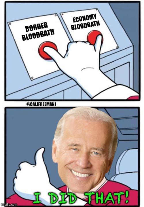 two buttons at the same time | ECONOMY BLOODBATH; BORDER BLOODBATH; @CALJFREEMAN1; I DID THAT! | image tagged in two buttons at the same time,joe biden,maga,republicans,secure the border,donald trump | made w/ Imgflip meme maker