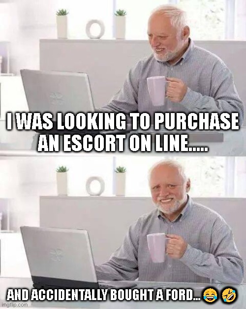 Hide the Pain Harold | I WAS LOOKING TO PURCHASE AN ESCORT ON LINE..... AND ACCIDENTALLY BOUGHT A FORD...😂🤣 | image tagged in memes,hide the pain harold,lol so funny,too funny | made w/ Imgflip meme maker
