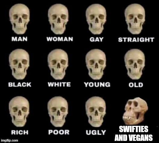 idiot skull | SWIFTIES AND VEGANS | image tagged in idiot skull | made w/ Imgflip meme maker