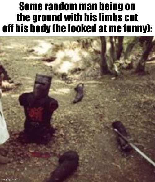 Limbless Black Knight (Monty Python) | Some random man being on the ground with his limbs cut off his body (he looked at me funny): | image tagged in limbless black knight monty python | made w/ Imgflip meme maker