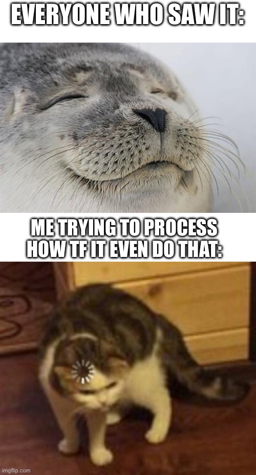 EVERYONE WHO SAW IT: ME TRYING TO PROCESS HOW TF IT EVEN DO THAT: | image tagged in memes,satisfied seal,blank white template,loading cat | made w/ Imgflip meme maker