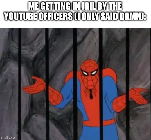 spiderman jail | ME GETTING IN JAIL BY THE YOUTUBE OFFICERS (I ONLY SAID DAMN): | image tagged in spiderman jail | made w/ Imgflip meme maker