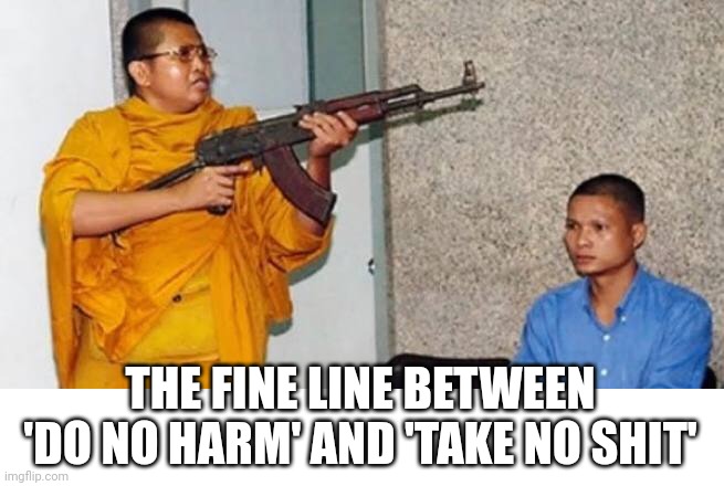 Angry monk | THE FINE LINE BETWEEN 'DO NO HARM' AND 'TAKE NO SHIT' | image tagged in zen,buddhism,guns,ammo,do no harm,take no shit | made w/ Imgflip meme maker