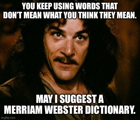 Inigo Montoya Meme | YOU KEEP USING WORDS THAT DON’T MEAN WHAT YOU THINK THEY MEAN. MAY I SUGGEST A MERRIAM WEBSTER DICTIONARY. | image tagged in memes,inigo montoya | made w/ Imgflip meme maker