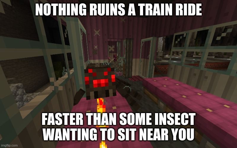 Never fails on the evening train... | NOTHING RUINS A TRAIN RIDE; FASTER THAN SOME INSECT WANTING TO SIT NEAR YOU | image tagged in minecraft,trains,spiders,travel,does anyone actually use these tags,no i didnt think so either | made w/ Imgflip meme maker