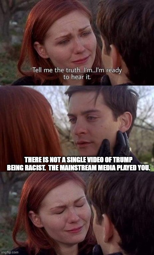 Not a single video; just countless leftists making false claims. | THERE IS NOT A SINGLE VIDEO OF TRUMP BEING RACIST.  THE MAINSTREAM MEDIA PLAYED YOU. | image tagged in tell me the truth i'm ready to hear it | made w/ Imgflip meme maker
