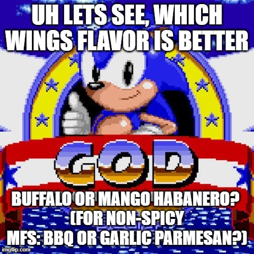 me personally mango habanero is bomb | UH LETS SEE, WHICH WINGS FLAVOR IS BETTER; BUFFALO OR MANGO HABANERO? 
(FOR NON-SPICY MFS: BBQ OR GARLIC PARMESAN?) | image tagged in god fucking damn it | made w/ Imgflip meme maker